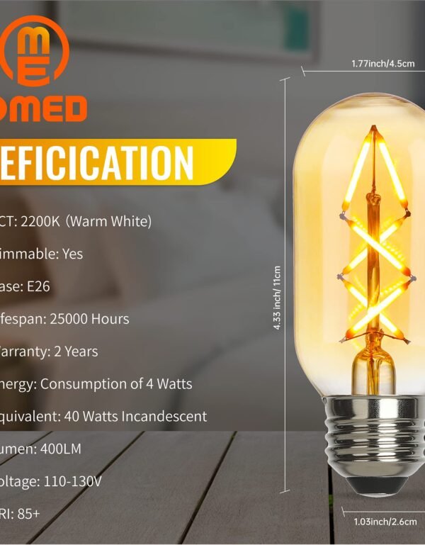 OMED T45/T14 4W Dimmable Vintage LED Edison Bulbs 40 Watt Equal, 2200K Warm White Antique Fishbone Filament Tube Light Bulbs with E26 Base, 400LM Spiral Retro Tubular Light Bulbs, Amber Glass, 6 Pack