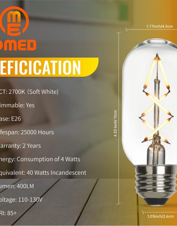 OMED Fishbone LED Filament Vintage Edison Light Bulbs, T45/T14 E26 4W Antique Tubular Light Bulbs 40 Watt Equal, 400LM 2700K Soft White Spiral Retro Tube Light Bulbs, Clear Glass, 6 Pack