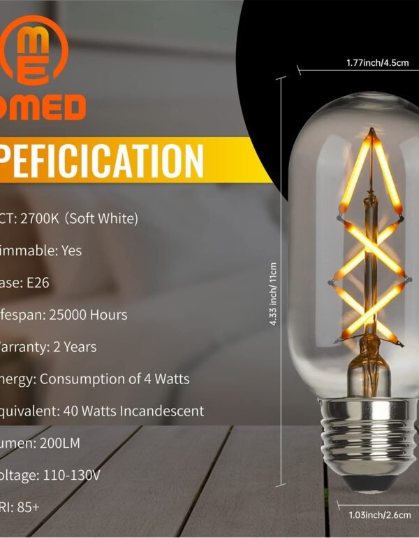 OMED T45/T14 Dimmable Vintage LED Edison Bulbs, E26 4W Antique Fishbone LED Filament Tubular Edison Bulbs 40 Watt Equivalent, 200LM 2700K Soft White Spiral Retro Tube Bulbs, Smoke Grey Glass, 6 Pack