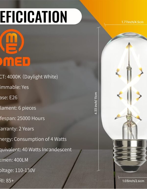 OMED Fishbone LED Filament Vintage Edison Light Bulbs, T45/T14 E26 4W Antique Tubular Edison Bulbs 40 Watt Equal, 400LM 4000K Daylight White Spiral Retro Tube Edison Bulbs, Clear Glass, 6 Pack