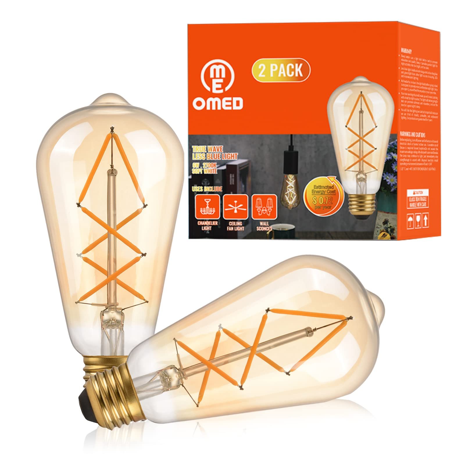 OMED LED Edison Bulb Dimmable Amber Glass, 60 Watt Equivalent LED Light Bulbs Soft White, ST64 E26 Bulb 60W 2700K, Vintage Spiral Filament LED Bulbs with Teardrop Top, 600LM,UL Listed, 2 Pack