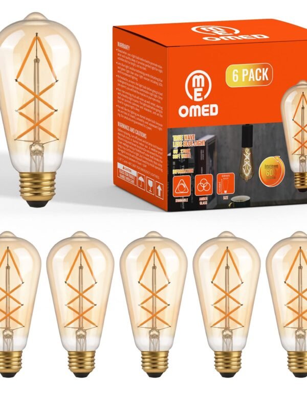 OMED Edison Bulbs Led Lights 60W Equivalent, 6Watt Dimmable Warm White 2700K Amber Glass, Vintage Light Bulb with E26 Base, ST64 Antique LED Filament Bulbs, 600LM, UL Listed, 6 Pack Teardrop Top Lamp