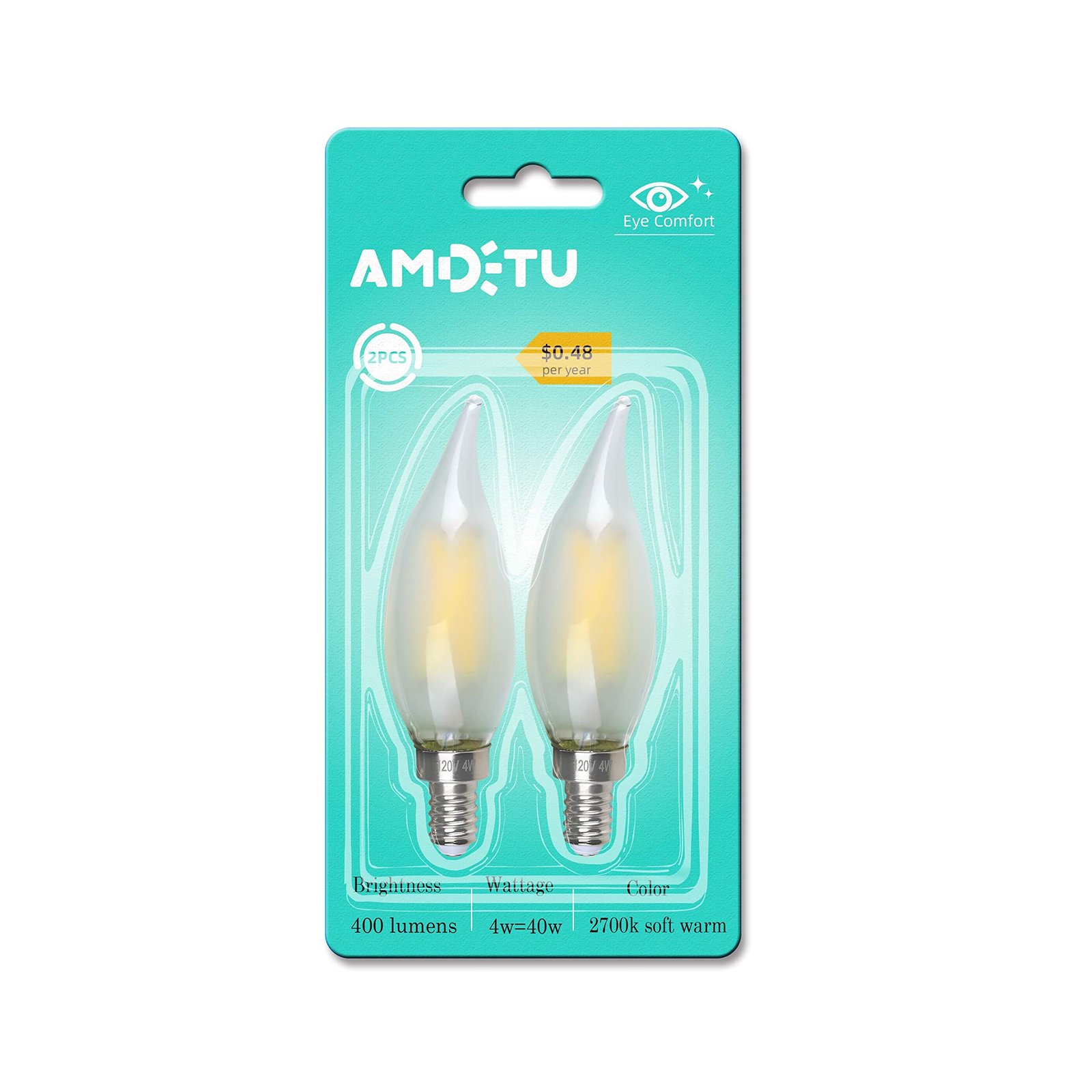 AMDTU E12 LED Bulb, Frosted Chandelier Light Bulbs 2700K Soft Warm White, 40W Type B Candelabra Light Bulbs Small Base, Dimmable, 2 Pack