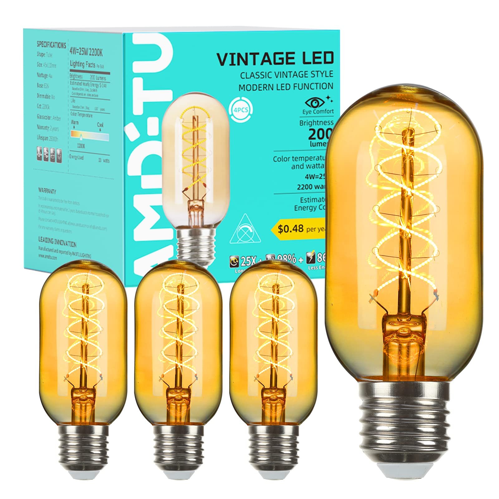 AMDTU Vintage LED Edison Bulb Super Thin Spiral Filament Non-dimmable, 25 Watt Tubular Incandescent Light Bulb Replacement Soft Warm 2200K, T45 Amber Glass Retro LED Bulb 4W, E26 Base 120V 4 Pack