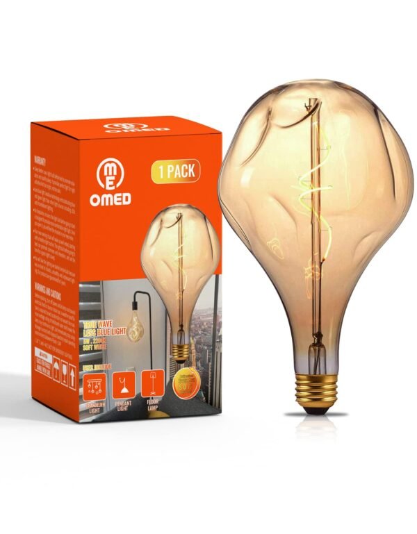 OMED S165 Irregular Unique Large Oversized Vintage LED Edison Light Bulb, E26 2200K Warm White Dimmable Extra Large Bulb, 5Watt 400LM Giant Amber Glass Decorative Light Bulb for Pendant Or Floor Lamp